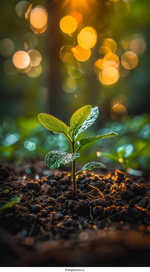 Tiny green plant growing in the soil with blurred background