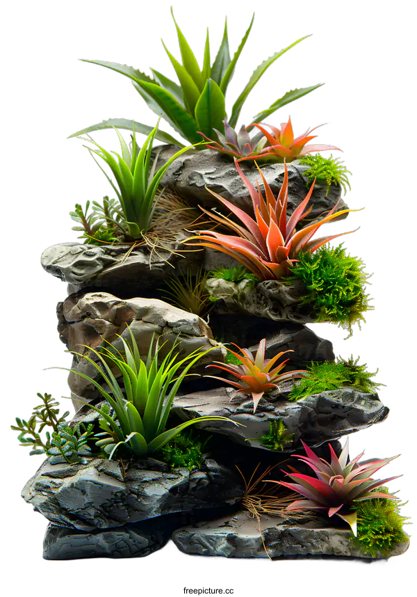 [Transparent Background PNG]A Stone Garden with Succulents and Moss