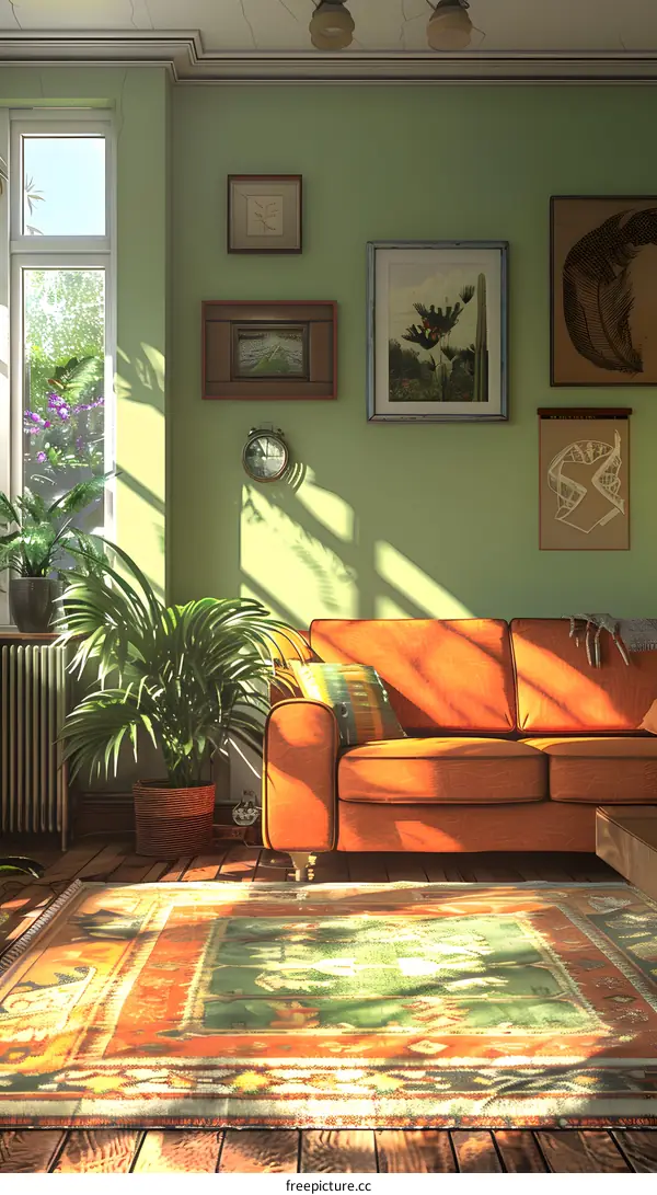 Sunlit Living Room with Orange Sofa