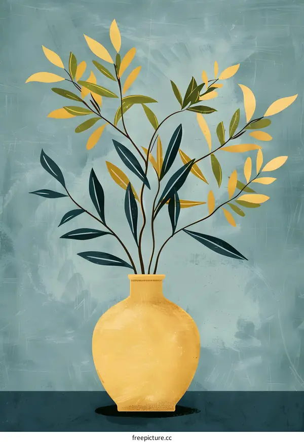 Yellow Vase with Green and Gold Leaves Illustration