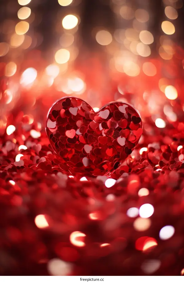 Red heart with glitter on red glitter background