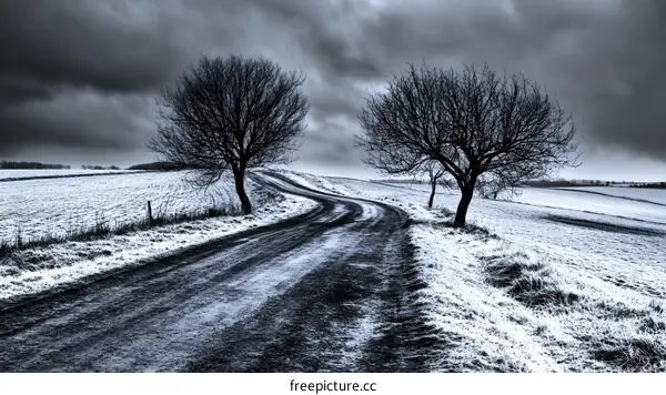 Winter Landscape with Winding Road and Bare Trees