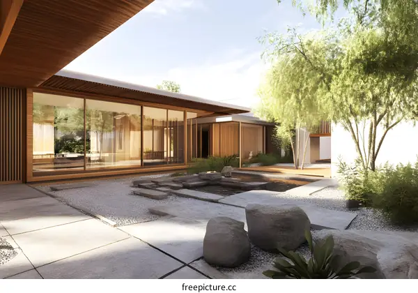 Modern Minimalist Japanese Style Courtyard with Stone Pond and Gravel