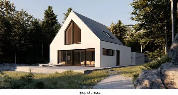 Modern A Frame House with Large Windows in Forest