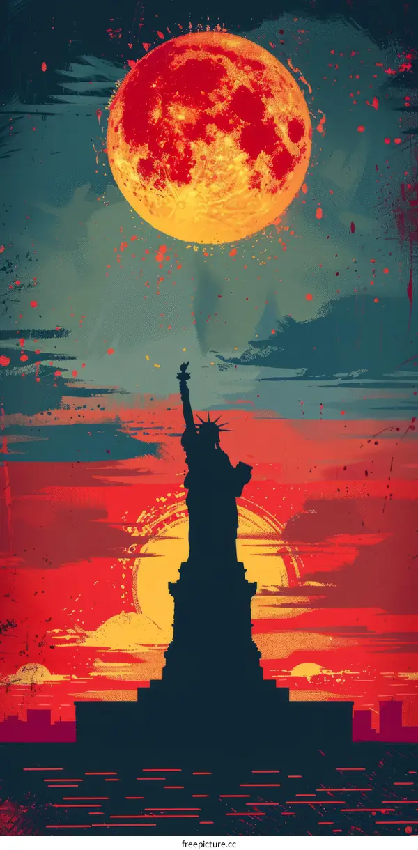 Statue of Liberty with red moon and red clouds