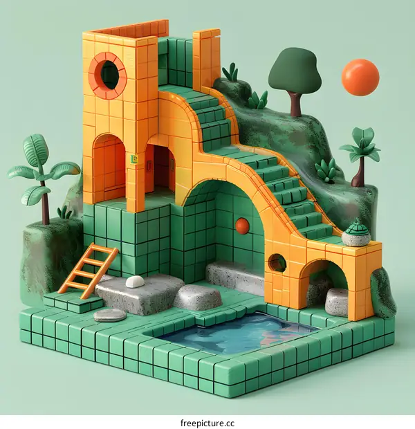 Isometric digital art of a surreal building with a pool