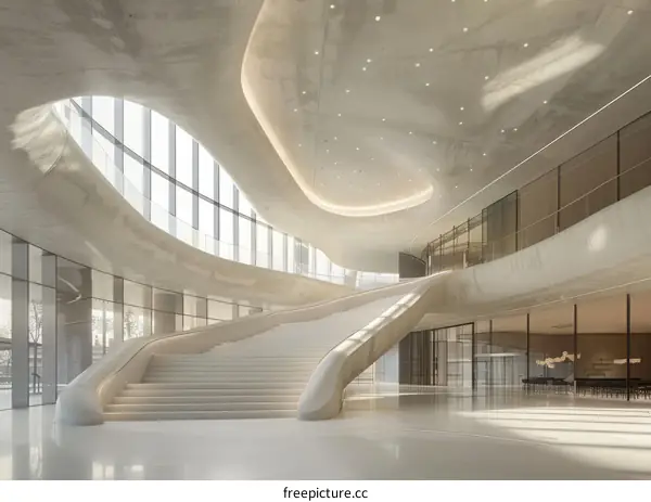 Staircase in a modern building with curved walls and glass windows