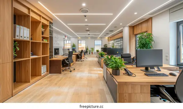 Large modern office space with wooden furniture and green plants