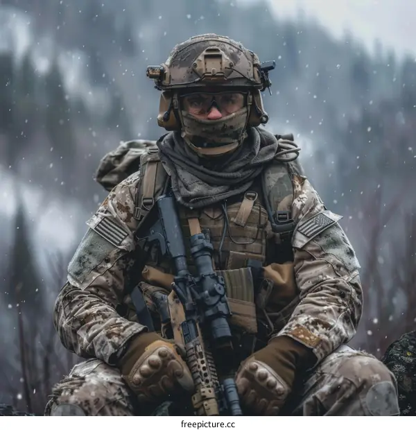 A soldier in full combat gear sits on a rock in a snowy forest