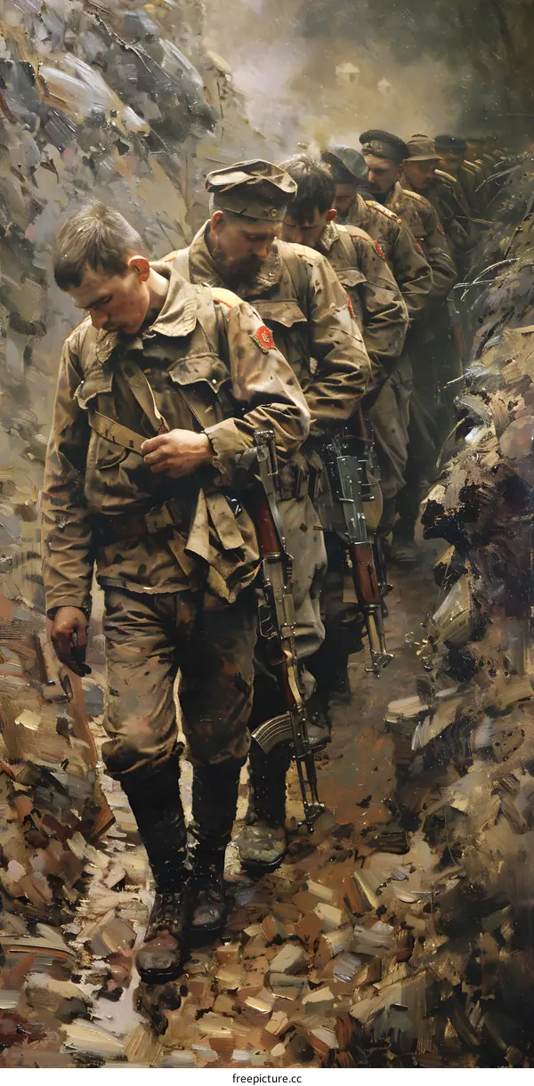 Soviet soldiers in a trench during World War II