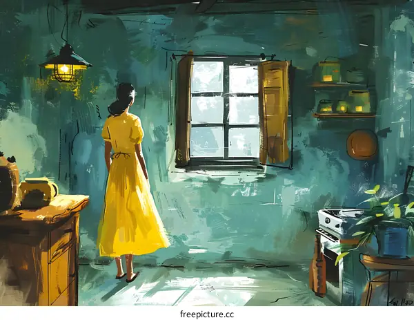 A woman standing in a room looking out the window