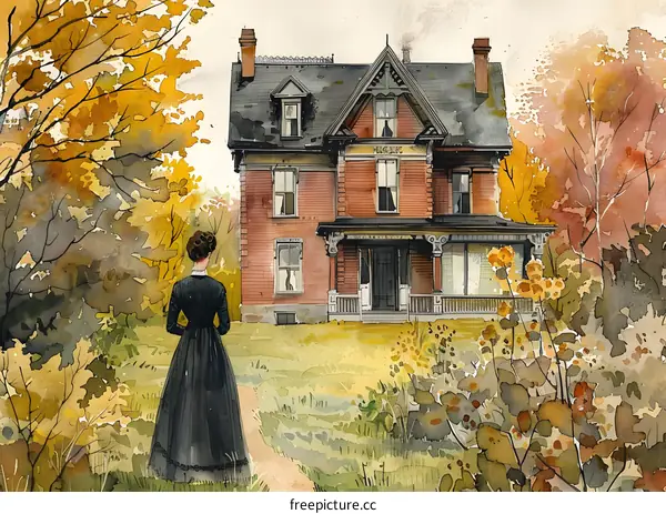 Lady in period dress walks towards a large house
