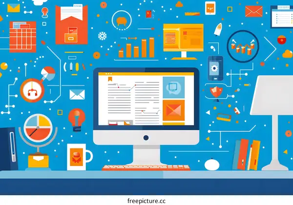 Flat Design Illustration of a Modern Workspace with Computer and Various Icons