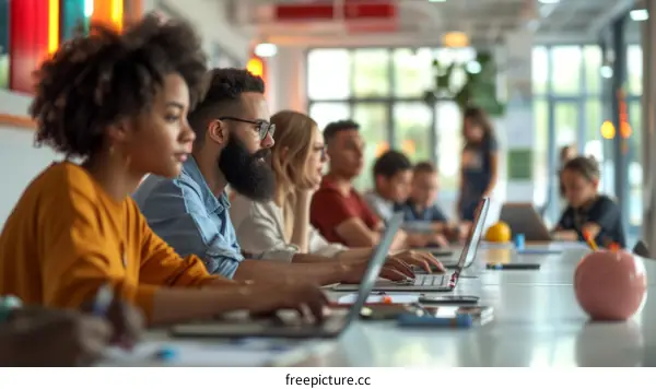 A group of diverse young professionals working together in a modern office space using laptop computers