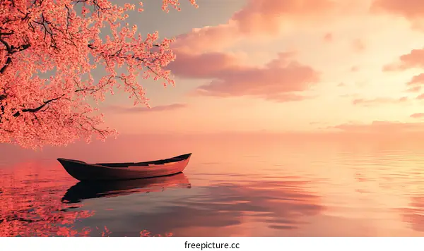 Pink Sakura Tree Over Calm Water with Boat at Sunset