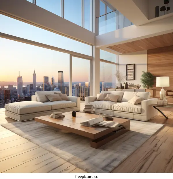 Modern luxury living room interior design with amazing city view