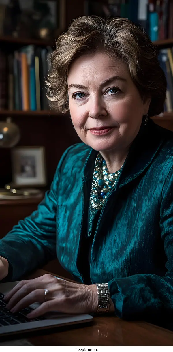 Portrait of Woman Working on a Laptop in a Library
