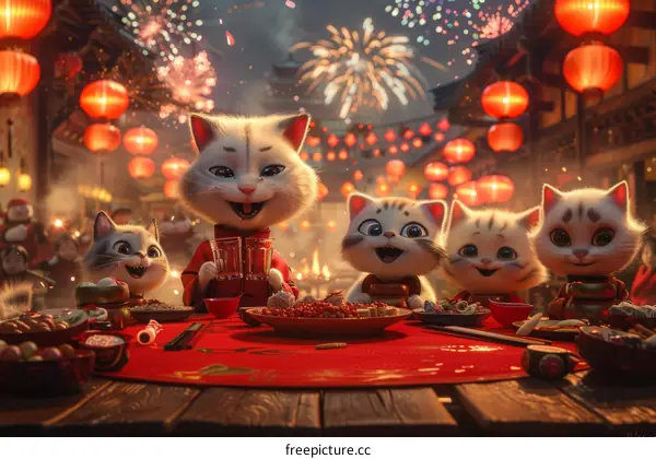 Cats enjoying a Chinese New Year feast