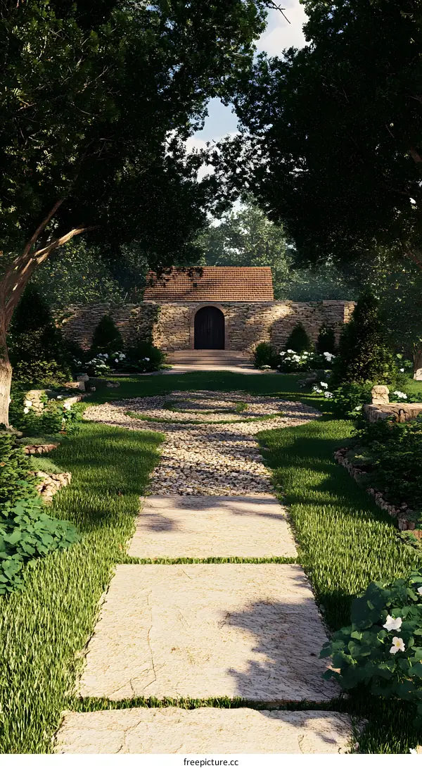 Stone Pathway Leading to a Stone Building in a Garden