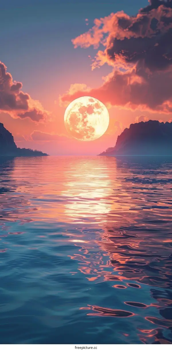 Tranquil moonlight sea scene with vibrant orange hues