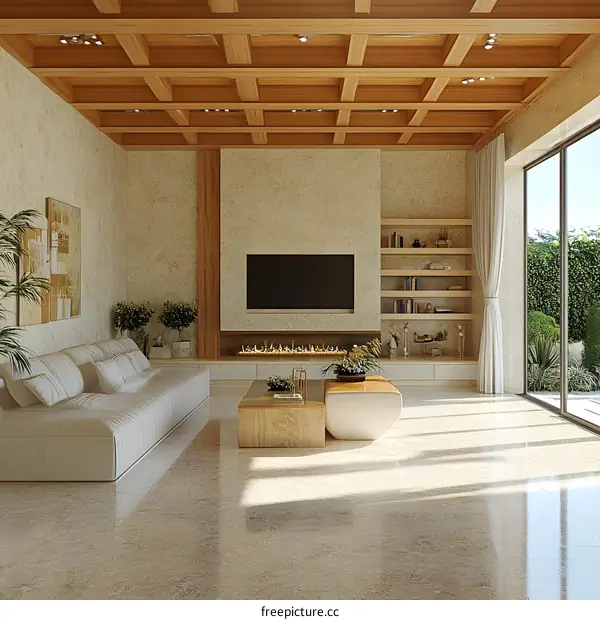 Modern Living Room Interior Design With Fireplace And Wooden Ceiling