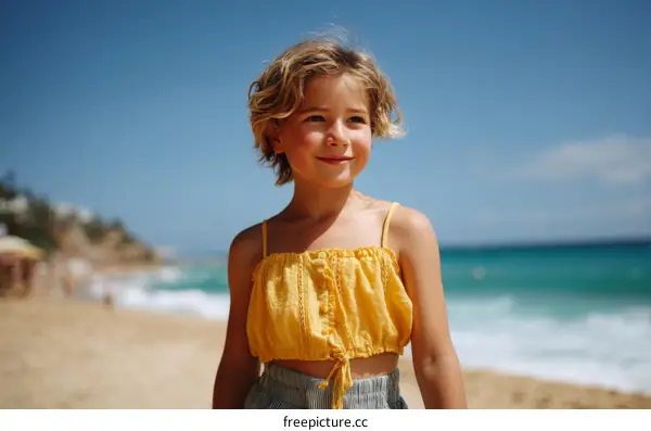 Smiling Girl on the Beach in Yellow Top