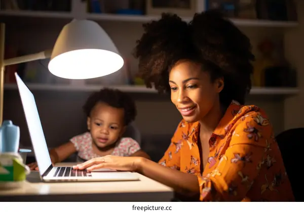 Mother and daughter working together on a laptop