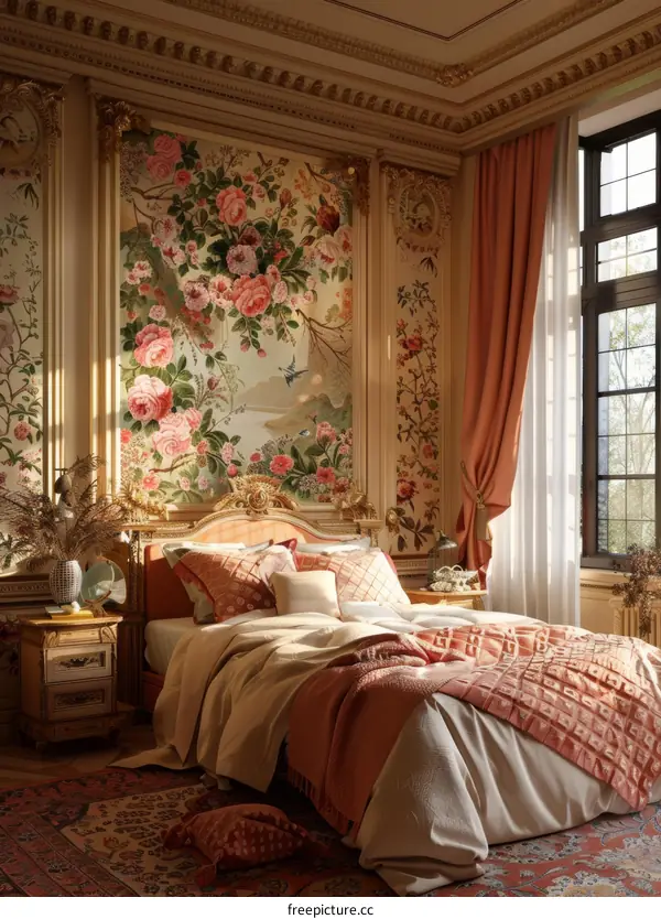 Elegant Vintage Bedroom with Floral Wallpaper