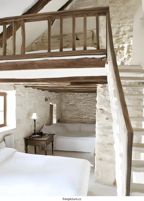 Rustic Loft Bedroom with Stone Walls and Wooden Beams