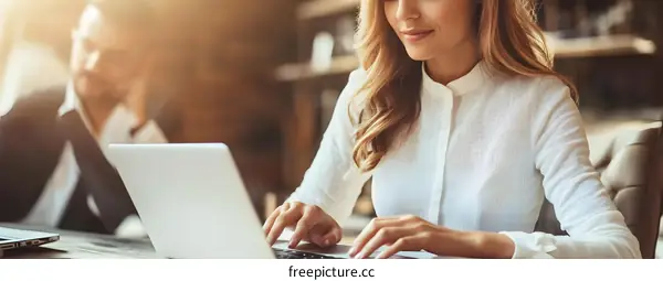 Woman working on a laptop in a cafe