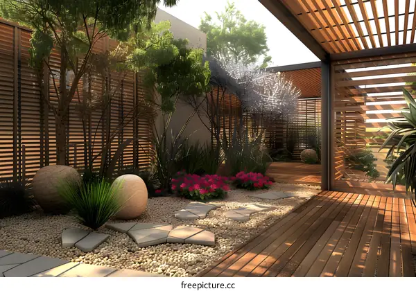 Modern Backyard Design With Wooden Pergola And Stone Pathway