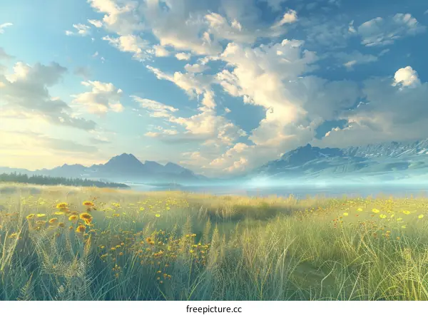 Peaceful Mountain Meadow Landscape Illustration