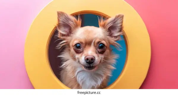 A playful Chihuahua puppy looking through a yellow hoop