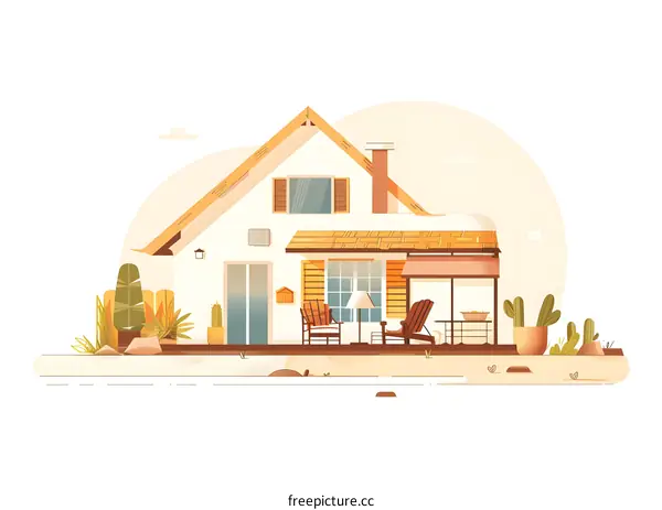 Flat Design Illustration of a White House with a Patio