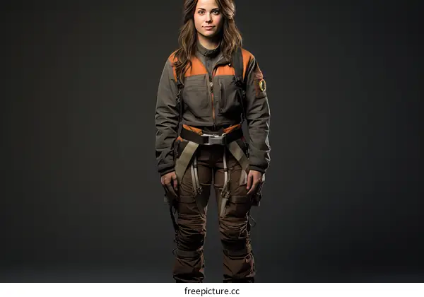 A young woman in a spacesuit stands against a dark background