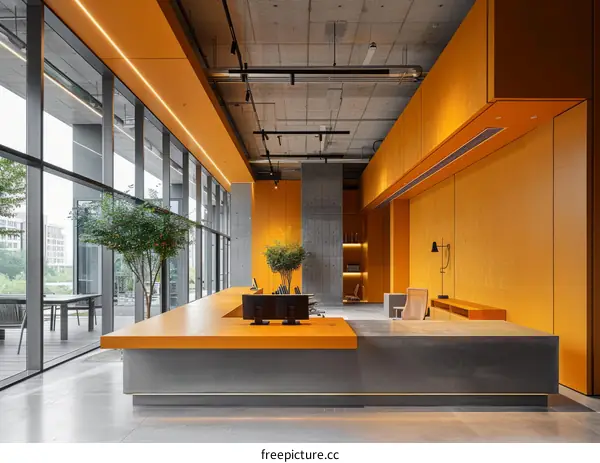 Modern Office Room With Orange And Gray Color Scheme