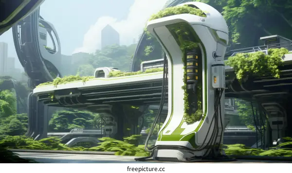Futuristic city with lush greenery and advanced technology