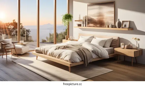 Modern bedroom interior design with large windows and a view of the mountains