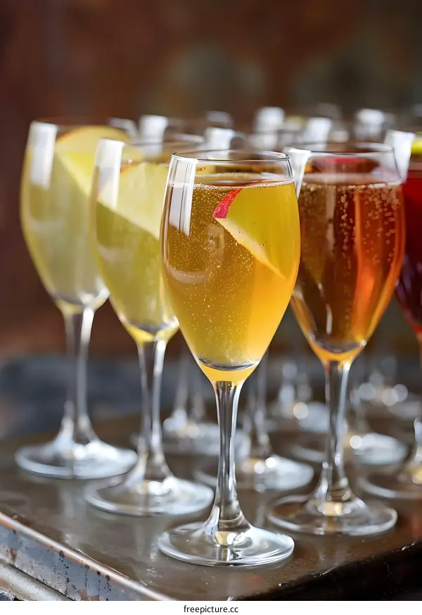 Close Up Of Glass Of Sparkling Apple Cider In A Row