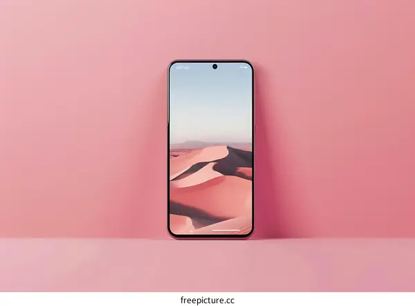 Mobile Phone with a Desert Wallpaper on a Pink Background