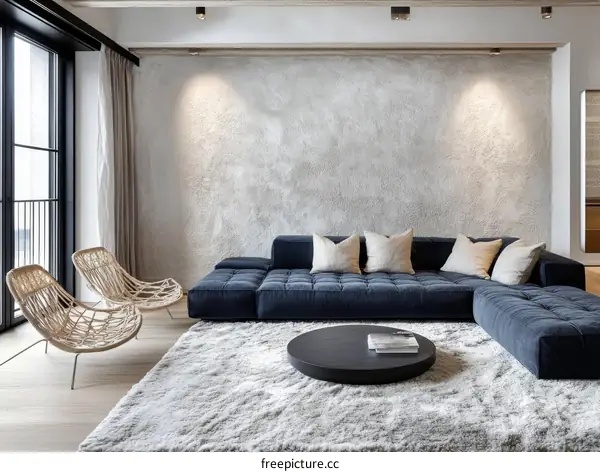 Modern Living Room Interior Design with Dark Blue Sofa