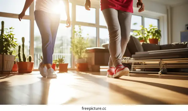 Two elderly women of different ethnicities walking in a sunlit room
