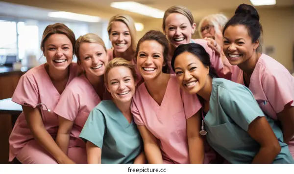 Group of diverse female healthcare professionals smiling happily in a hospital setting