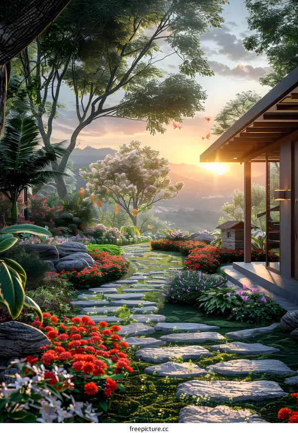 Stone path through a blooming garden at sunset