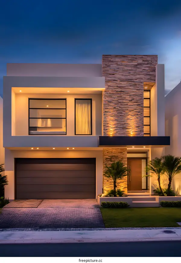 Modern House Exterior with Stone Accent Wall at Dusk