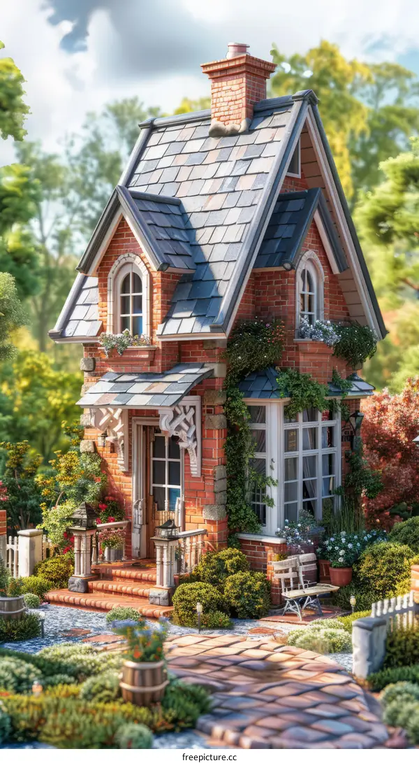 Small red brick cottage with a gray slate roof
