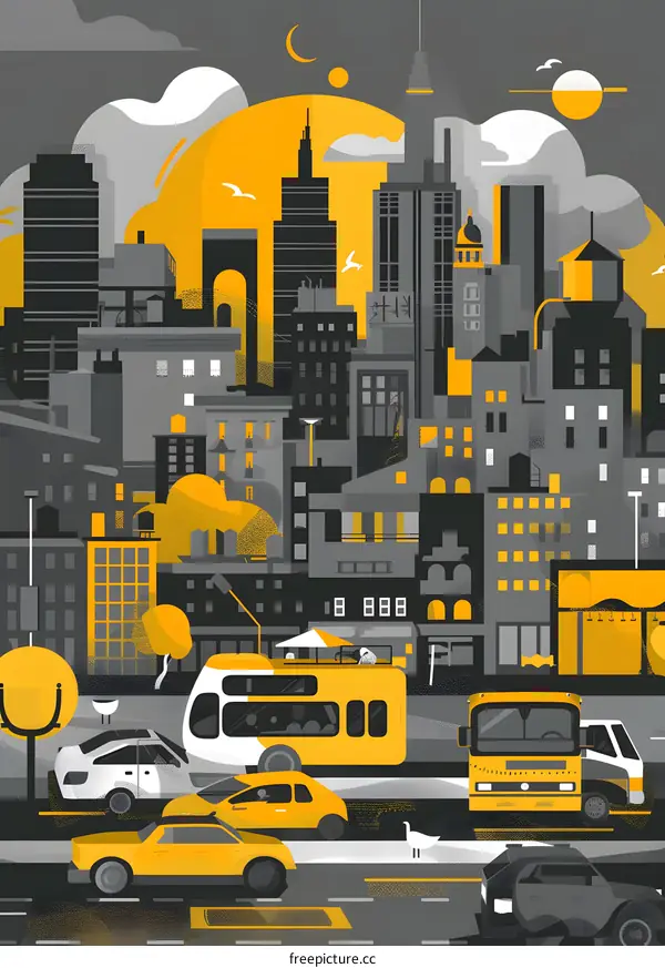 Modern Cityscape with Yellow Buildings and Cars