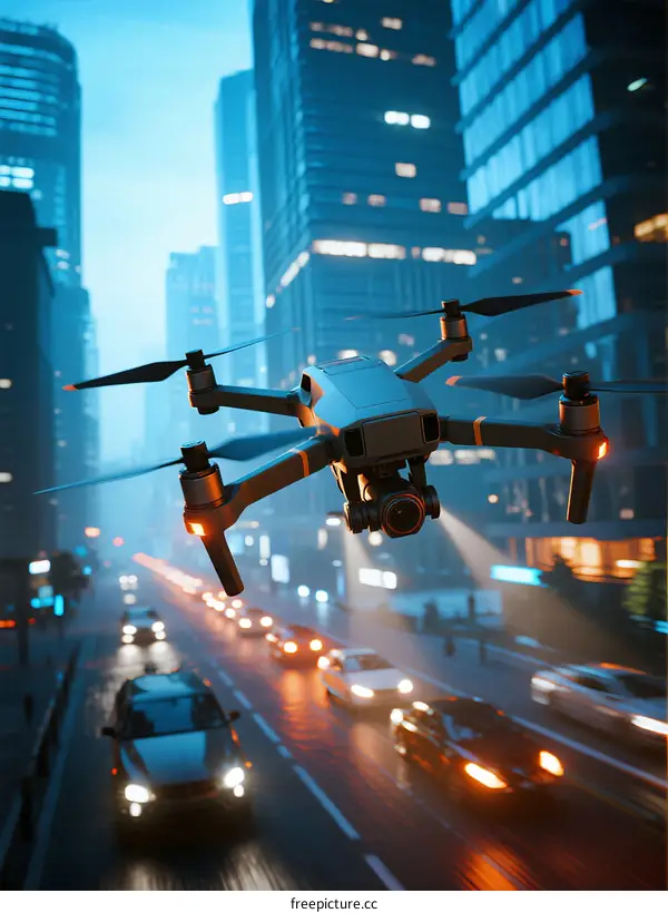 Drone flying over busy urban street with tall buildings at dusk