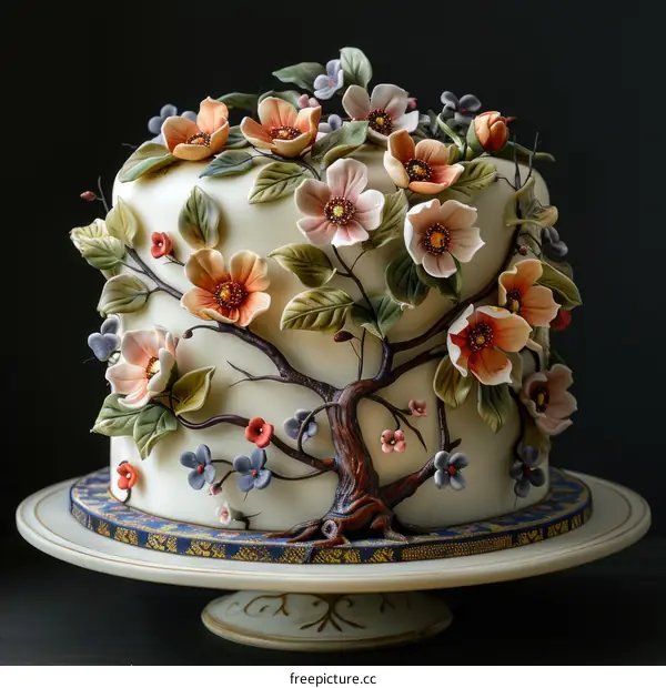 Exquisite cake decorated with flowers and leaves
