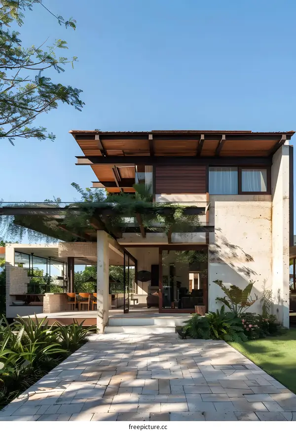 Modern Concrete House With Wooden Roof And Lush Greenery
